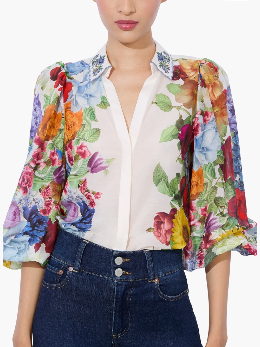 Alice + Olivia Roanne Placed Floral Cotton & Silk Button-Up Shirt Size XL